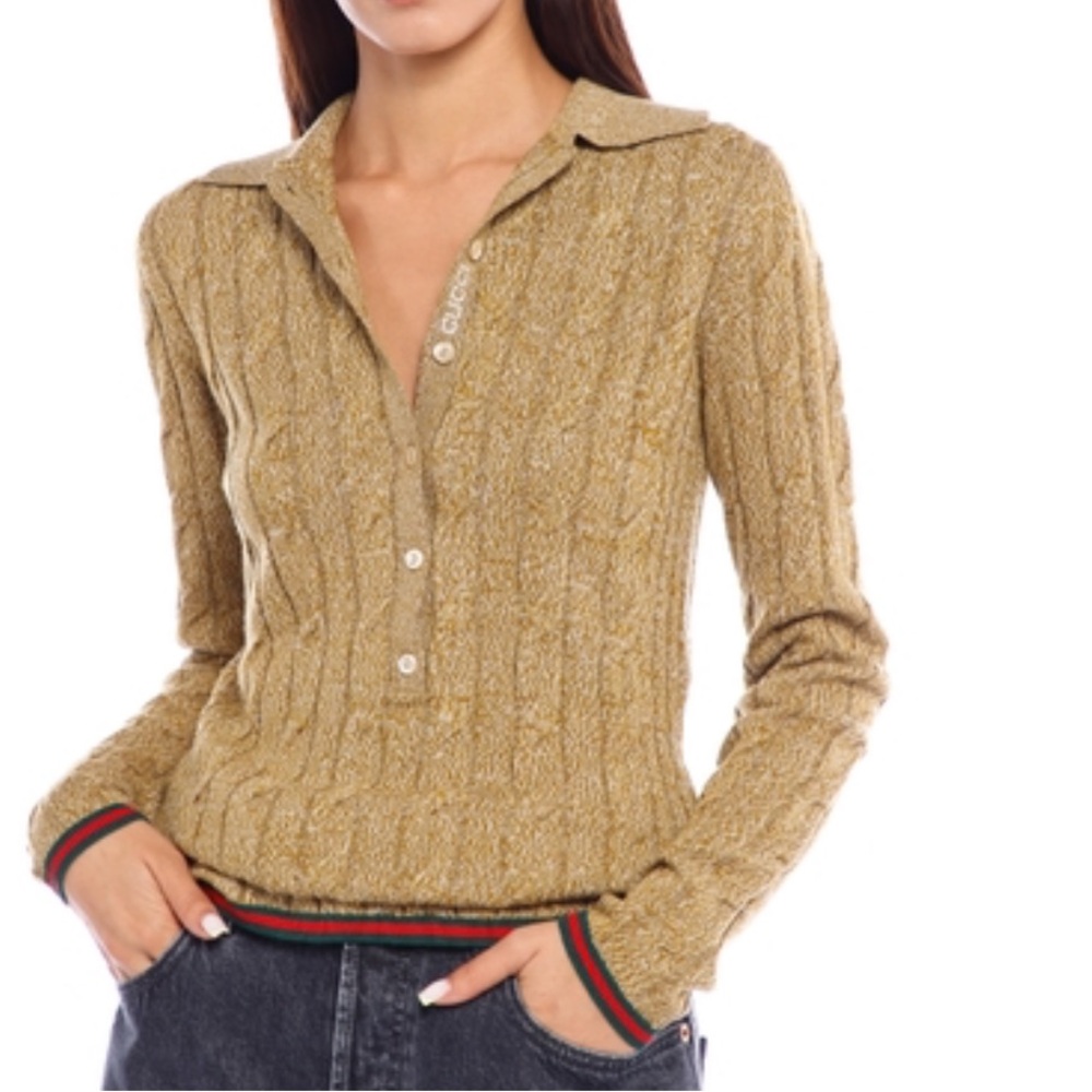 Gucci Mustard Cable Rib Knit Wool Polo Top Button-Up Sweater Women’s Size S